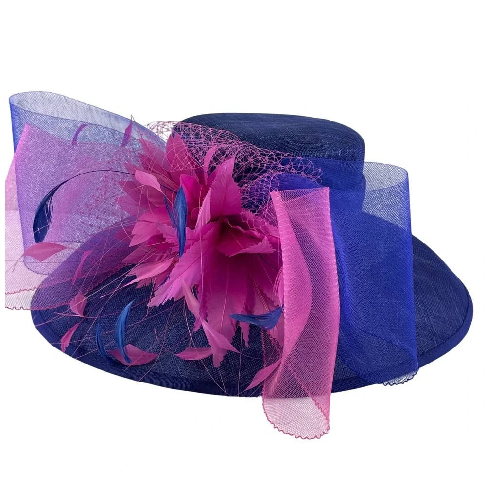 Royal Blue Magenta Pink Sinamay Fascinator Hat Derby Wedding Tea Party Wide Brim